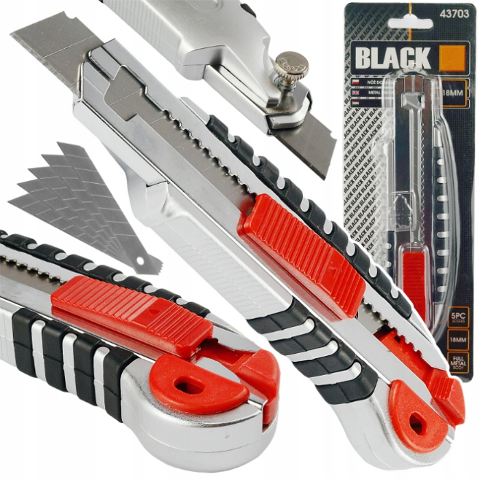 Cuțit Profesional Metalic 18mm BLACK, Auto-Încărcare, Mâner Cauciucat + 5 Lame Rezervă [2]