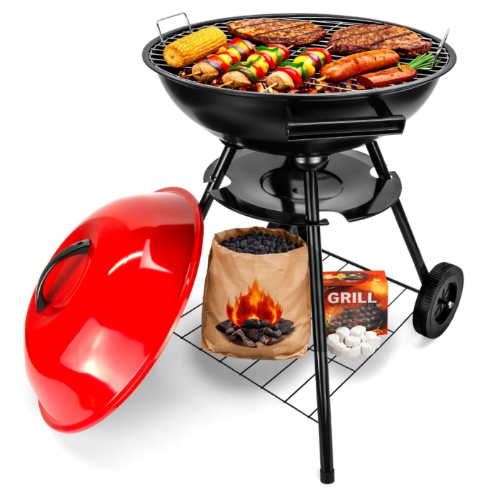 Gratar Rotund de Gradina pe Carbune VERDA 42 cm cu Capac, Cenusar, Roti de Transport + Set Cadou 3 Covoare din Teflon pentru Gatit – Gratar Portabil Premium pentru Curte, Terasa sau Camping [6]