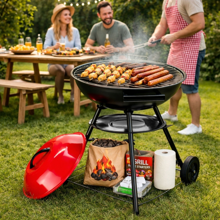 Gratar Rotund de Gradina pe Carbune VERDA 42 cm cu Capac, Cenusar, Roti de Transport + Set Cadou 3 Covoare din Teflon pentru Gatit – Gratar Portabil Premium pentru Curte, Terasa sau Camping [7]
