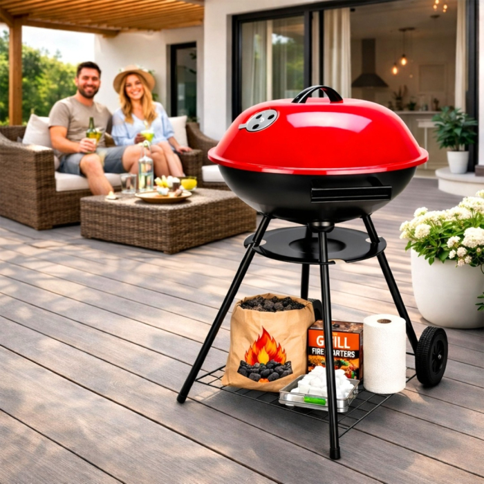 Gratar Rotund de Gradina pe Carbune VERDA 42 cm cu Capac, Cenusar, Roti de Transport + Set Cadou 3 Covoare din Teflon pentru Gatit – Gratar Portabil Premium pentru Curte, Terasa sau Camping [4]