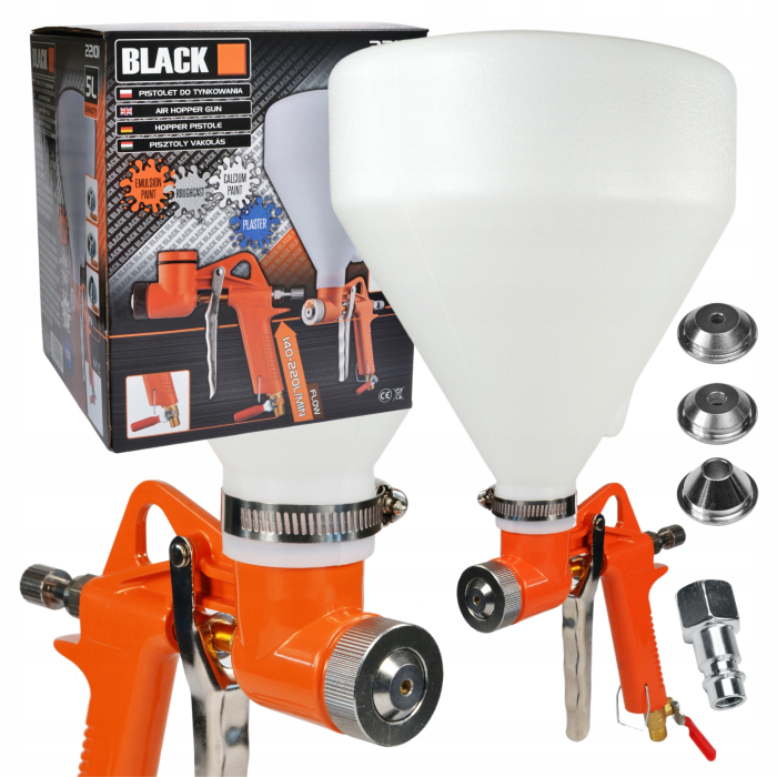 Pistol Pneumatic Profesional BLACK pentru Tencuiala Decorativa si Vopsit, Rezervor 5L, Corp Aluminiu, 3 Duze Inox (4/6/8mm), Presiune 4-8 BAR, Supapa cu Bila Inclusa [7]