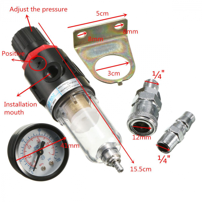 Reductor de presiune filtru de aer separator umiditate pentru compresor cu 2 cuple rapide 1/4" [5]