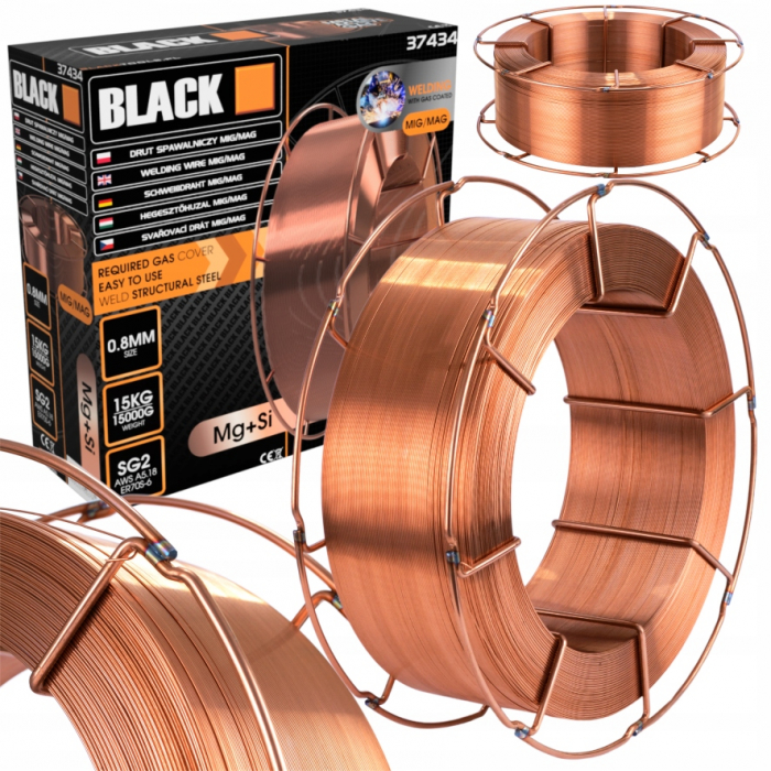 Sarma de sudura 0.8MM 15KG  randament ridicat de sudare prin metoda MIG/MAG  standardele AWS A5.18-ER70S-6 și DIN 8559 SG2 [2]