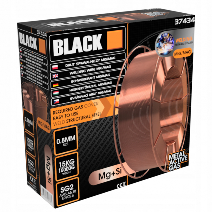 Sarma de sudura 0.8MM 15KG  randament ridicat de sudare prin metoda MIG/MAG  standardele AWS A5.18-ER70S-6 și DIN 8559 SG2 [3]