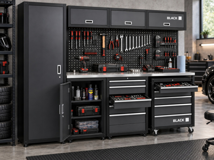 Set Mobilier Atelier Modular Black 260cm - Dulapuri, Rafturi, Blat de Lucru si Panou Perforat [3]