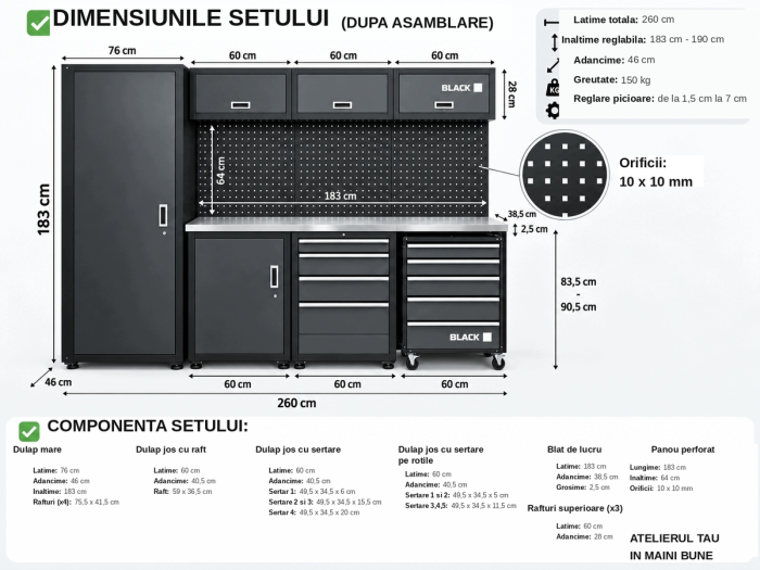 Set Mobilier Atelier Modular Black 260cm - Dulapuri, Rafturi, Blat de Lucru si Panou Perforat [10]