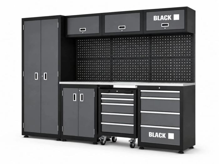 Set Mobilier Atelier Modular Black 260cm - Dulapuri, Rafturi, Blat de Lucru si Panou Perforat [12]