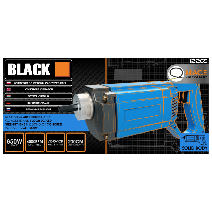 Vibrator de Beton Profesional BLACK 800W, Include Lance (Poker) de 2 Metri, Diametru Cap 35mm, Corp Transmisie din Aluminiu, Ax Intarit, [7]