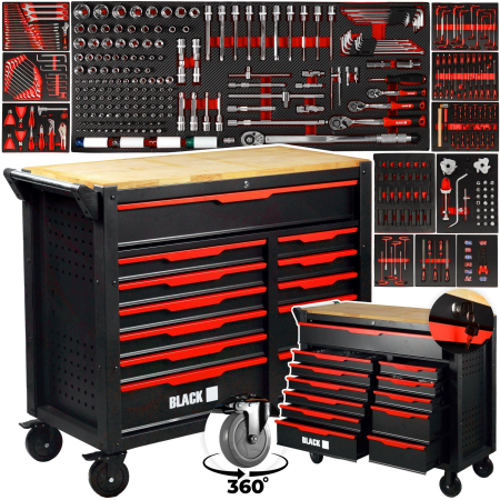 Scule & Atelier - Banc de lucru cu sertare BLACK, 542 piese, dulap dublu 12 sertare, blat lemn si inchidere centralizata BK10504