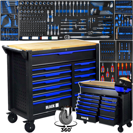 Scule & Atelier - Banc de lucru cu sertare profesional BLACK, 360 piese, 12 sertare, blat lemn si incuietoare centrala    BK10503