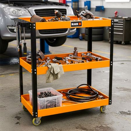 Carucior de Atelier Mobil cu 3 Rafturi BLACK, Capacitate 100 kg, Portocaliu, Structura din Otel, Maner si Suport Scule, 4 Roti (2 Pivotante) [2]