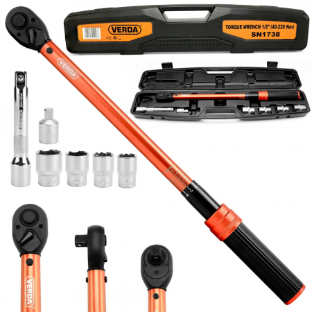 Chei si truse chei - Cheie dinamometrica pentru roti 1/2" 40-220 Nm cu tubulare de 17, 19, 21, 24MM in valiza SN1738