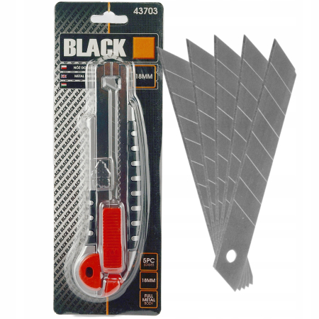 Cuțit Profesional Metalic 18mm BLACK, Auto-Încărcare, Mâner Cauciucat + 5 Lame Rezervă [5]