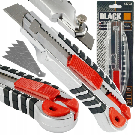 Cuțit Profesional Metalic 18mm BLACK, Auto-Încărcare, Mâner Cauciucat + 5 Lame Rezervă [3]