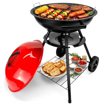 Sport & Timp Liber - Gratar Rotund de Gradina pe Carbune VERDA 42 cm cu Capac, Cenusar, Roti de Transport + Set Cadou 3 Covoare din Teflon pentru Gatit – Gratar Portabil Premium pentru Curte, Terasa sau Camping