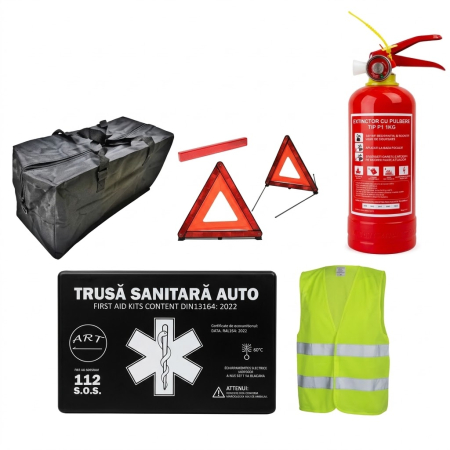 Siguranta rutiera - Kit Siguranta Auto Complet Omologat RAR cu Trusa Medicala DIN 13164, Stingator P1 cu Manometru, 2 Triunghiuri, Vesta si Geanta de Depozitare