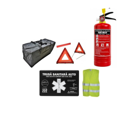 Diverse Auto - Kit Siguranta Auto Complet Omologat RAR cu Trusa Medicala DIN 13164, Stingator P1 cu Manometru, 2 Triunghiuri, Vesta si Geanta de Depozitare