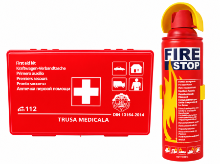 Siguranta rutiera - Kit Siguranta Auto Complet – Trusa Medicala Auto Omologata RAR + Stingator Auto Tip Spray Fire Stop 1000 ml