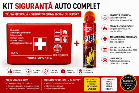 Siguranta rutiera - Kit Siguranta Auto Complet – Trusa Medicala Auto Omologata RAR + Stingator Auto Tip Spray Fire Stop 1000 ml