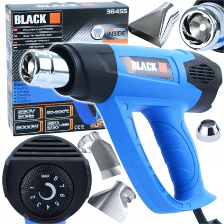 Feon  Electric - Pistol de Aer Cald Electric BLACK 2000W, Reglaj Fin Termostat 60-600°C, LCD/Reglaj Electronic, 2 Trepte de Debit (250/500 L/min), Include 4 Duze Profesionale, Cod Producator 12440