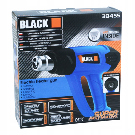 Pistol de Aer Cald Electric BLACK 2000W, Reglaj Fin Termostat 60-600°C, LCD/Reglaj Electronic, 2 Trepte de Debit (250/500 L/min), Include 4 Duze Profesionale, Cod Producator 12440 [1]