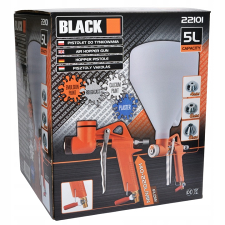 Pistol de vopsit - Pistol Pneumatic Profesional BLACK pentru Tencuiala Decorativa si Vopsit, Rezervor 5L, Corp Aluminiu, 3 Duze Inox (4/6/8mm), Presiune 4-8 BAR, Supapa cu Bila Inclusa