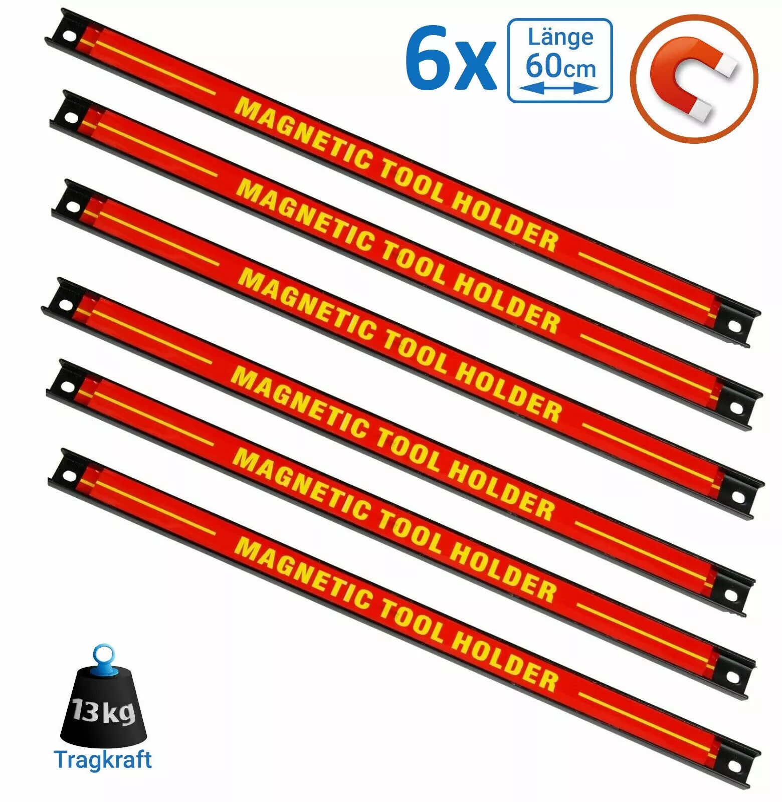 Surubelnite - Set de 6x suporturi pentru scule cu bandă magnetică 60cm, suport pentru bară de scule magnetică 13 kg, profesional SN3522-6