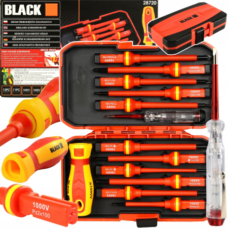 Scule si Unelte - Set Surubelnite Izolate Profesionale VDE, 13 Piese, 1000V, Negru, cu Schimbare Rapida QUICK SWAP si Trusa Compacta