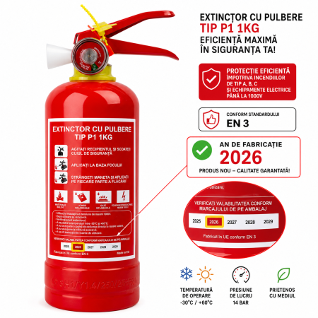 Stingător Auto 1kg Pulbere ABC cu Manometru (Ceas), Tip P1 BETA-L, Fabricație aprilie2026 [1]