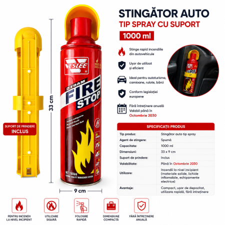Stingator Auto Tip Spray Fire Stop 1000 ml cu Suport, Valabil pana in Octombrie 2030 [1]