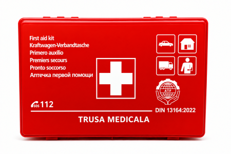 Trusa Medicala Auto de Prim Ajutor Omologata RAR si DIN, Valabilitate 5 Ani (Productie Proaspata Aprilie 2026), Kit Complet ITP / Control Politie