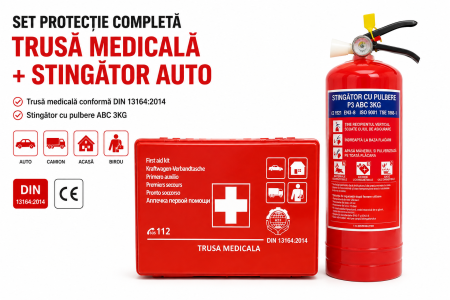 Siguranta rutiera - Trusa medicala auto si stingator de incendiu 3KG pentru siguranta rutiera  Conform Legislatiei