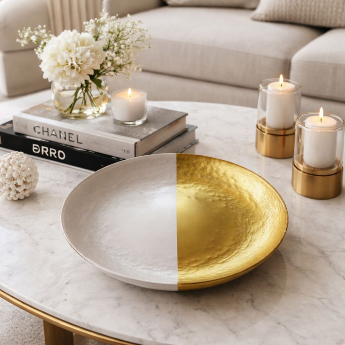 Farfurie decorativă din sticlă alb auriu 22 cm design modern [2]