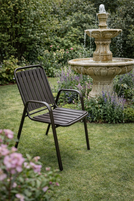 Scaun de Gradina Stivuibil cu Spatar Inalt si Brate, 56x66x91 cm, Maro Inchis [2]