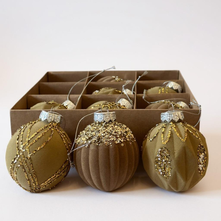 Globuri & Decoratiuni brad - Globuri Craciun Catifea aurie si Paiete - Set 9 - 8 cm
