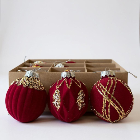 Globuri & Decoratiuni brad - Globuri Craciun Catifea rosie si Paiete - Set 9 - 8 cm