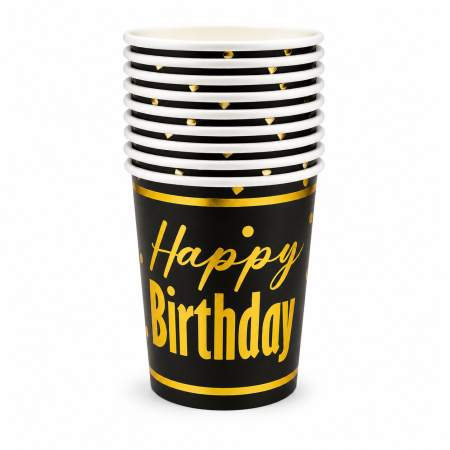 Pahare - Set 10 pahare din carton, black ,,Happy BirthDay,, 250 ml