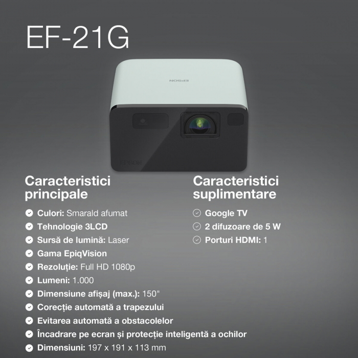 Mini proiector laser inteligent Epson EF-21G, FHD 1920x1080, 1000 lumeni, contrast 5.000.000 : 1 [5]