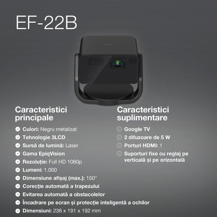 Mini proiector laser inteligent Epson EF-22B cu suport , 1000 lumeni, contrast 5.000.000 : 1 [6]