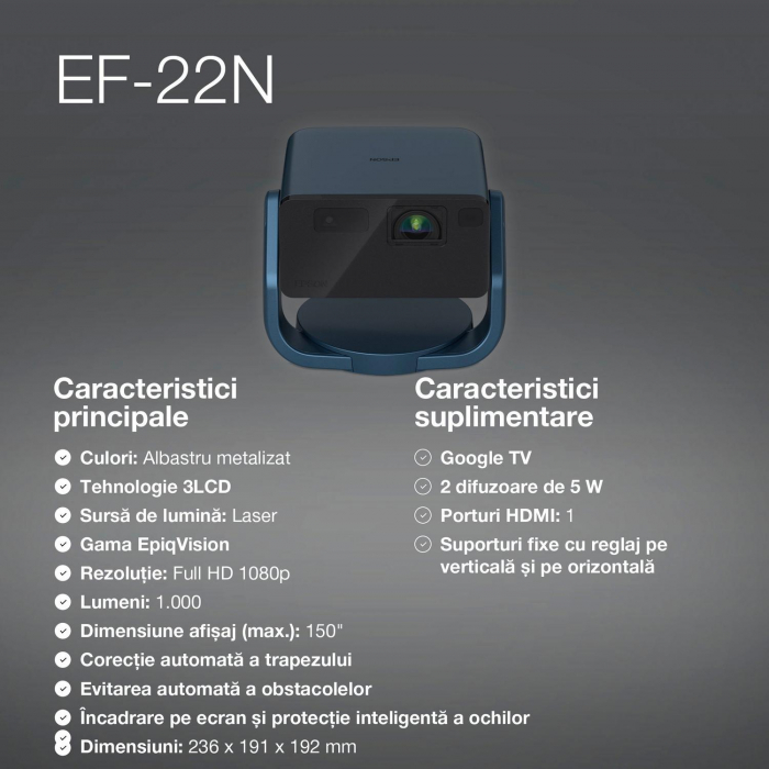 Mini proiector laser inteligent Epson EF-22N cu suport , 1000 lumeni, contrast 5.000.000 : 1 [6]