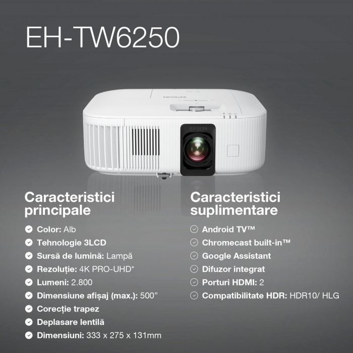 Videoproiector EPSON EH-TW6250, 4k PRO UHD, wireless, Android TV, 2800 lumeni, 35.000:1 [10]