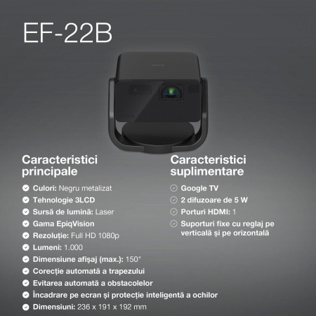 Mini proiector laser inteligent Epson EF-22B cu suport , 1000 lumeni, contrast 5.000.000 : 1 [5]