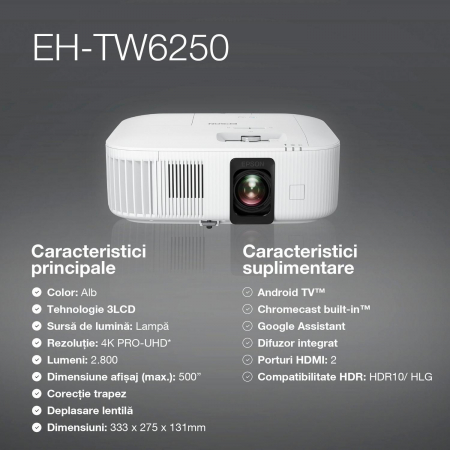 Videoproiector EPSON EH-TW6250, 4k PRO UHD, wireless, Android TV, 2800 lumeni, 35.000:1 [9]