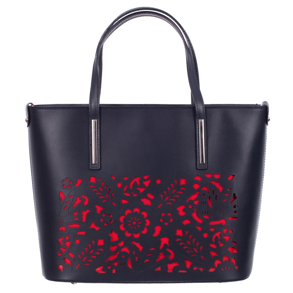 Geantă din piele naturală cu model laser-cut negru 8031 [2]