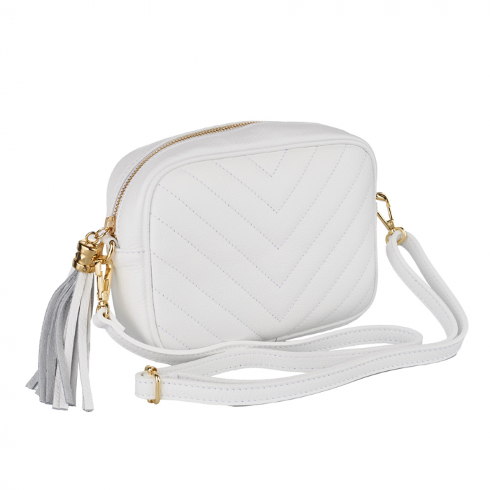 Geantă Isabella, crossbody piele alb cu aspect matlasat 8166 [1]