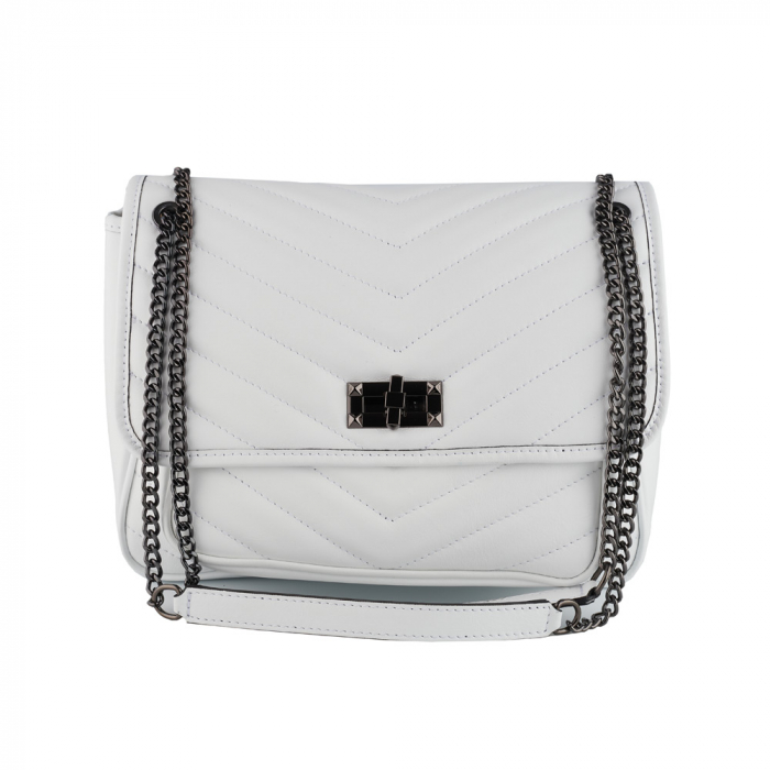 Geantă Ella, piele naturala alba, bareta metalica, 8130 [2]