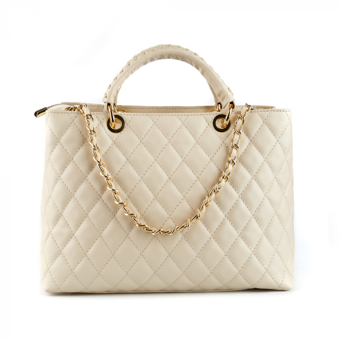 Geantă Katya, piele naturală crem cu aspect matlasat, lant auriu 8138 [2]