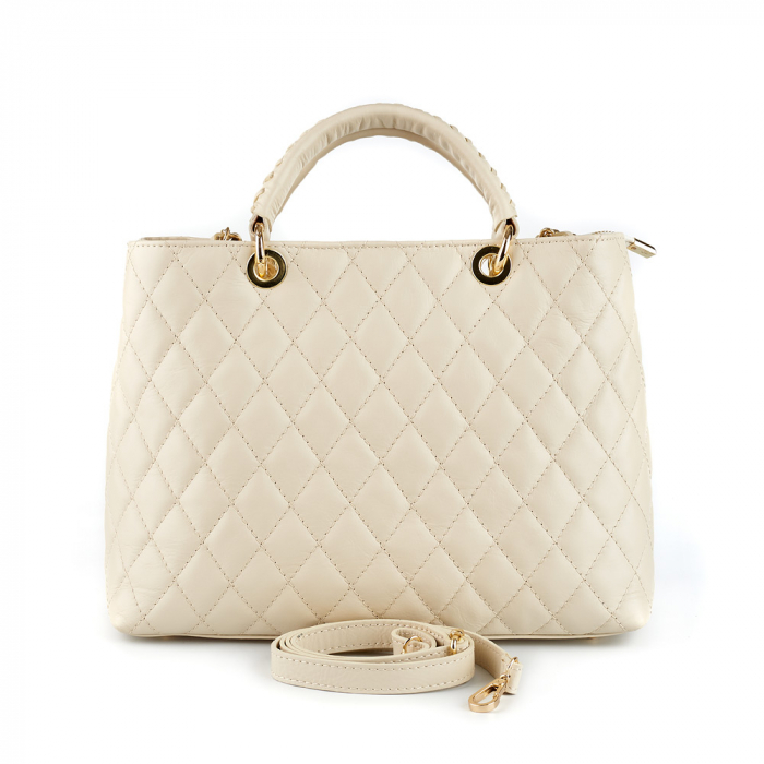 Geantă Katya, piele naturală crem cu aspect matlasat, lant auriu 8138 [3]