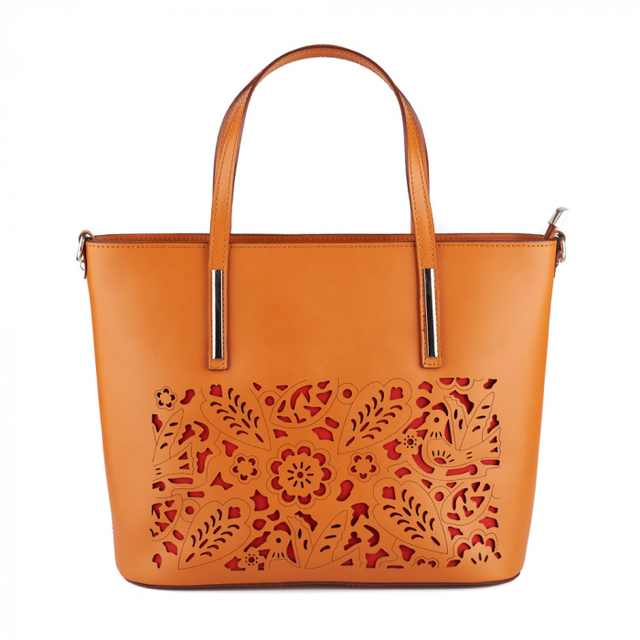 Geantă Priscilla, din piele naturală cu model laser-cut caramel 8031 [2]
