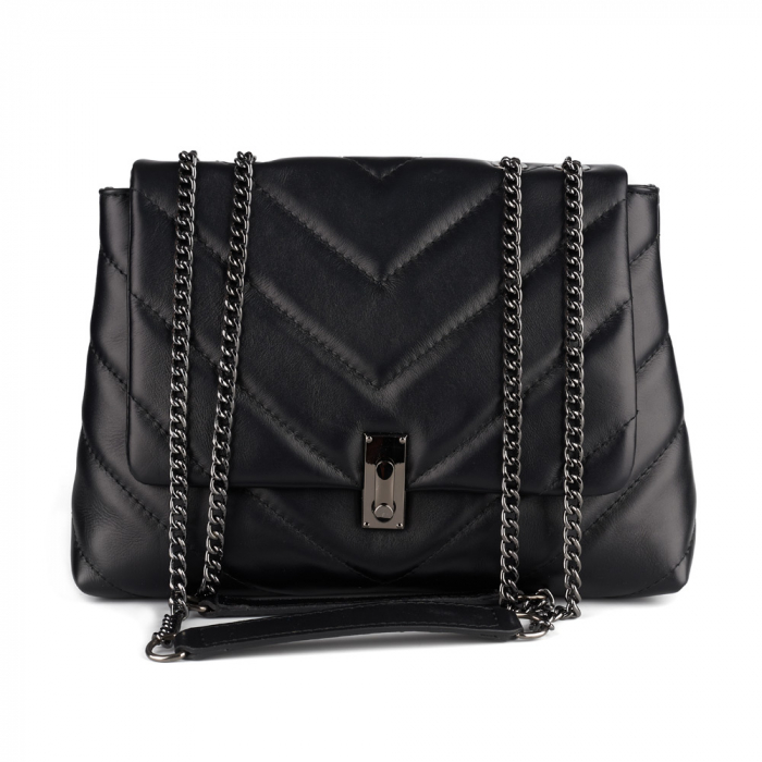 Geantă Kassya, piele naturala matlasata neagra, bareta lant argintiu antic, 8189 [2]